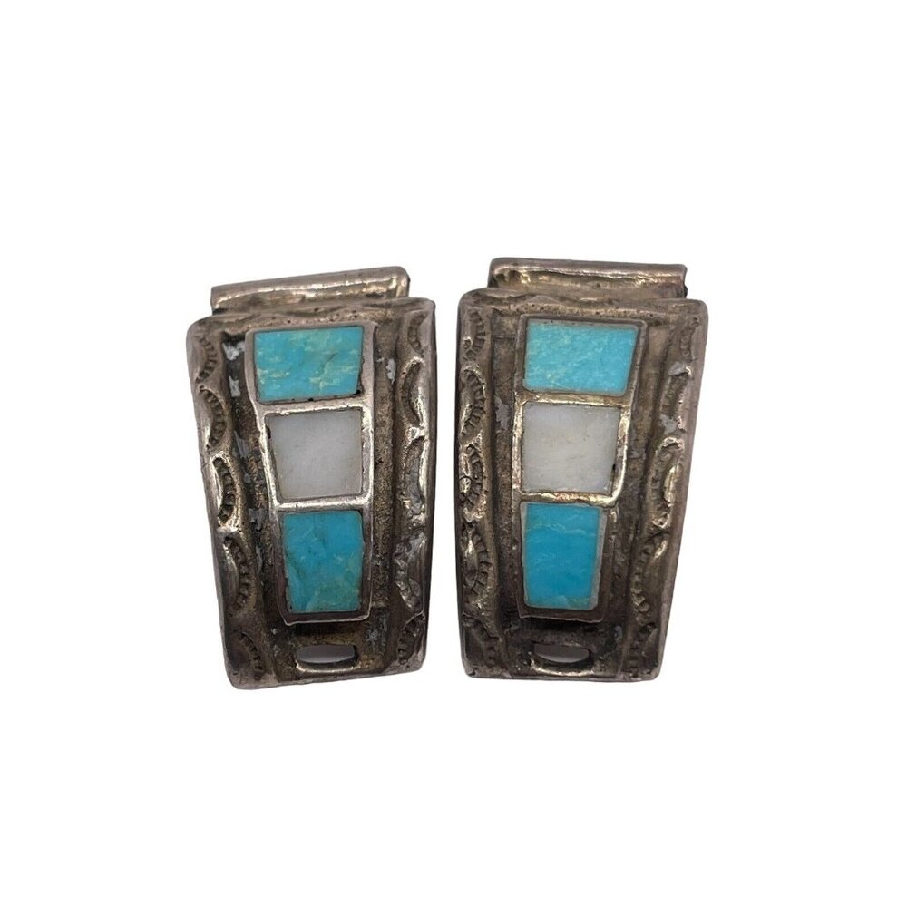 Old Pawn Sterling Silver Navajo or Zuni MOP and Turquoise Watch Band Parts VTG